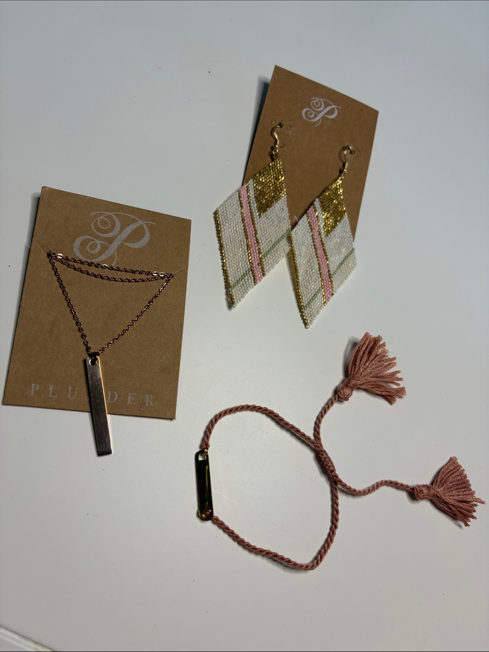 Plunder Rose Gold NecklacePink/Gold Beaded Chevron Earrings,Pink Tassel Bracelet